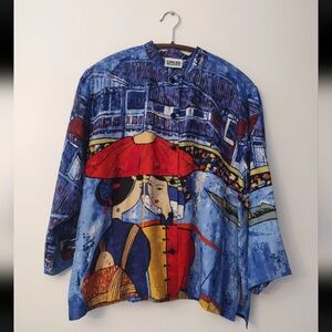 Vtg Chicos Design 100% Silk Blouse Asian Oriental Geisha Art To Wear Sz 1